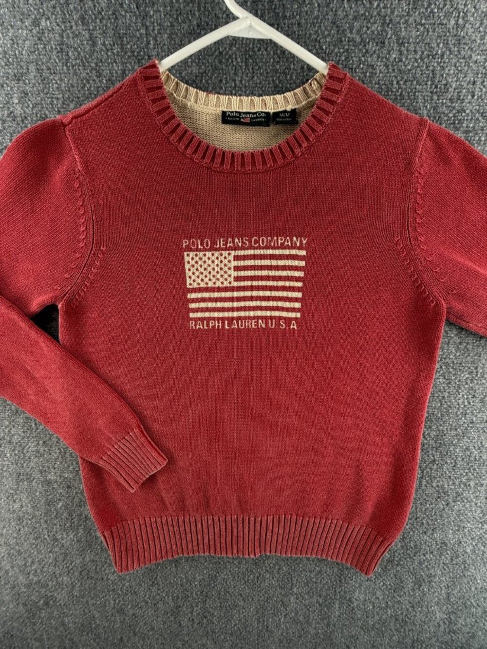 Polo Jeans Ralph Lauren Flag Sweater Knit Red Pullover USA Logo Crew Neck Cotton